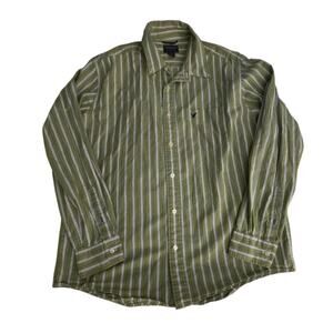 [[Y2K FASHION]] Men's American Eagle Green Striped Button Down Shirt - Large